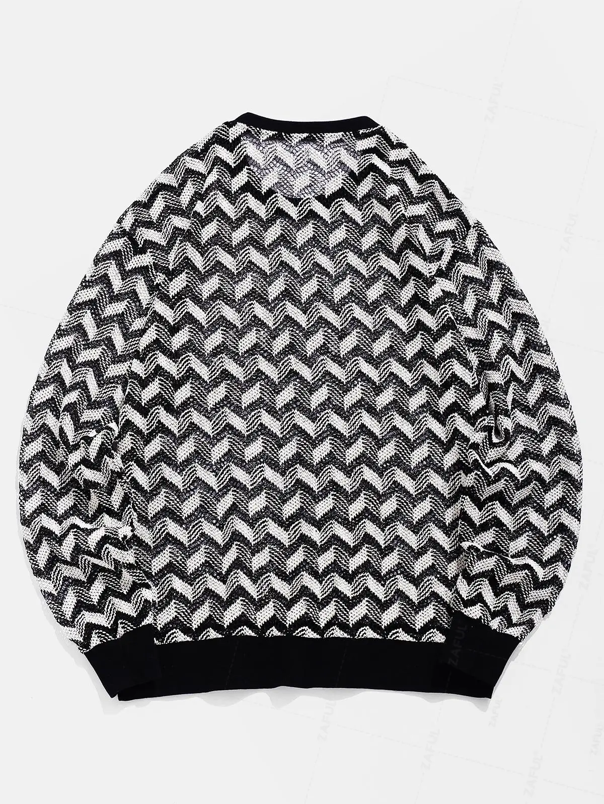 ZAFUL Men's Daily Zig Zag Stripes Pointelle Openwork Design Crew Neck Long Sleeve Knitwear