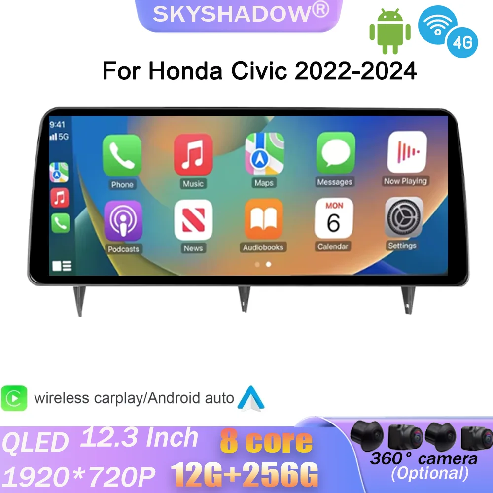 

For Honda Civic 2022-2024 CarPlay Android Car Radio GPS Navigation 4G WiFi Bluetooth DSP RDS Stereo Multimedia Radio Player