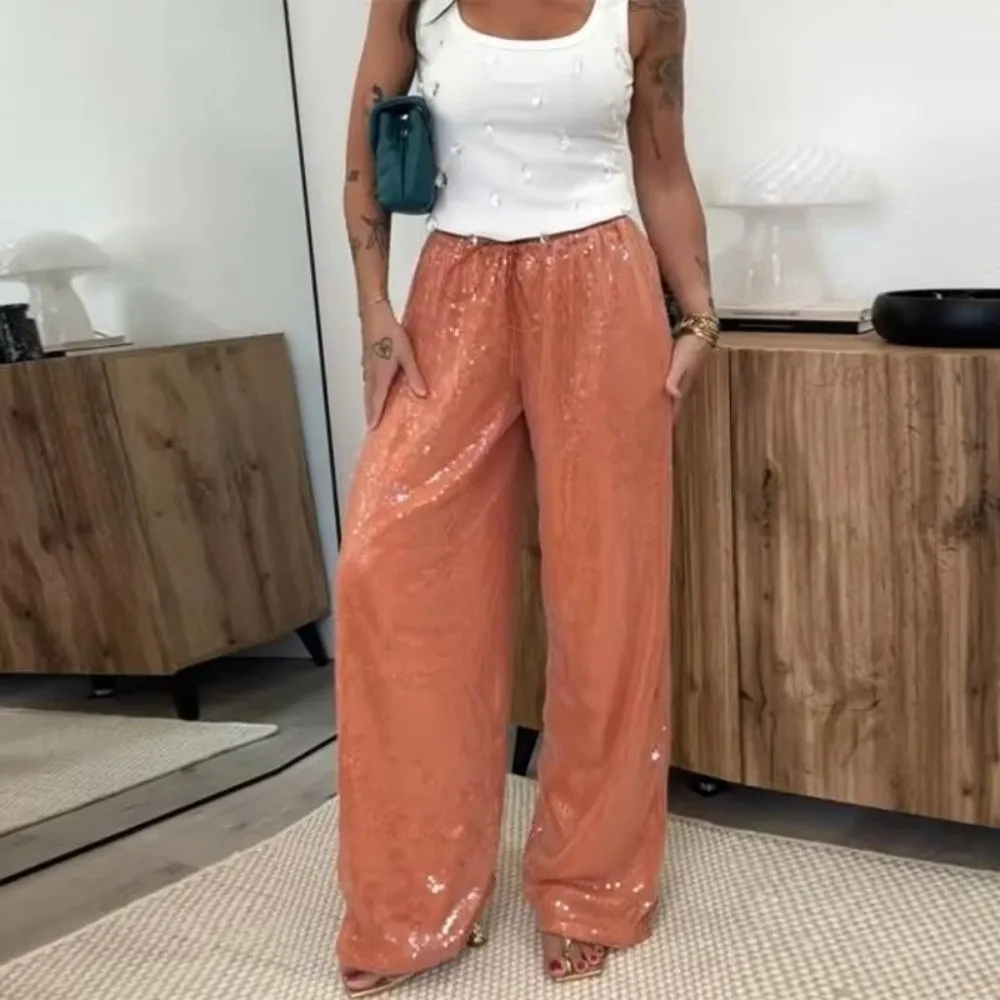 Shinny Drawstring High Waist Sequin Pants Loose Long Length Wide Leg Pants Solid Color Casual Trousers for Women