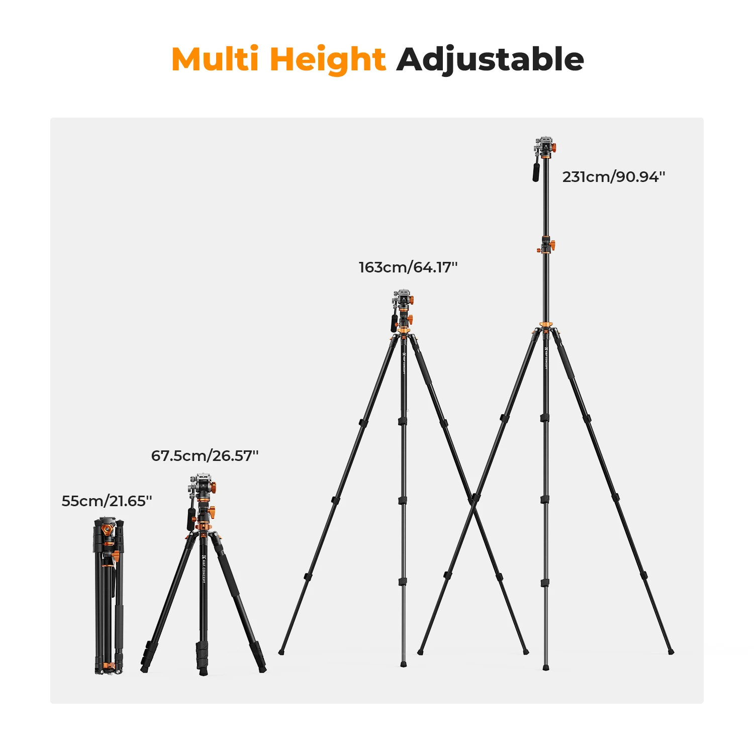 K&F Concept 91inch/2.3m fluid head tripod video tripod Reversible Detachable Monopod Transverse Center Column horizontal 360°