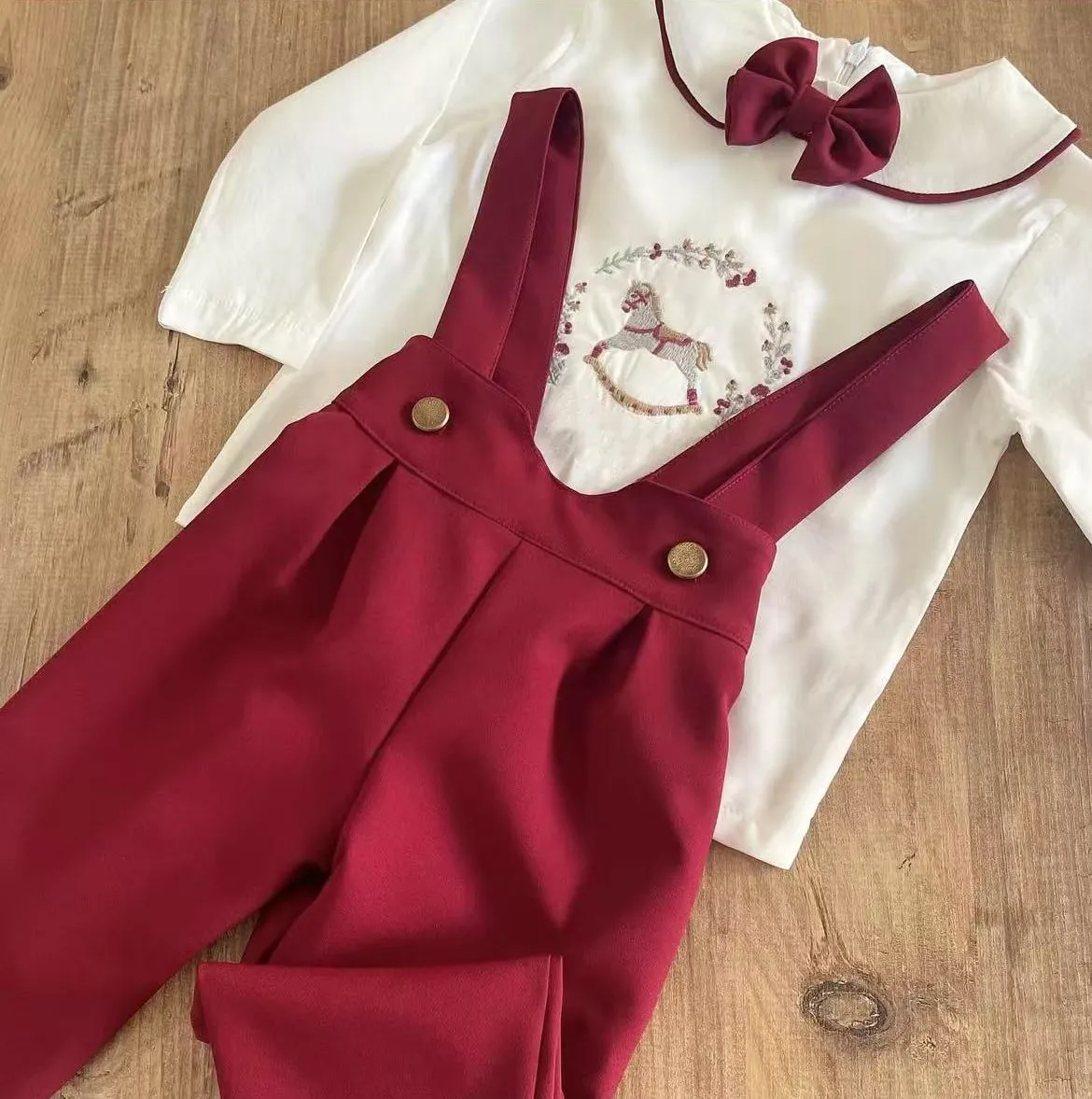 0-6Y Baby Boy Burgundy Suspender Trousers Formal Suit Rocking Horse Embroidery for Birthday Party Photography Christmas C162