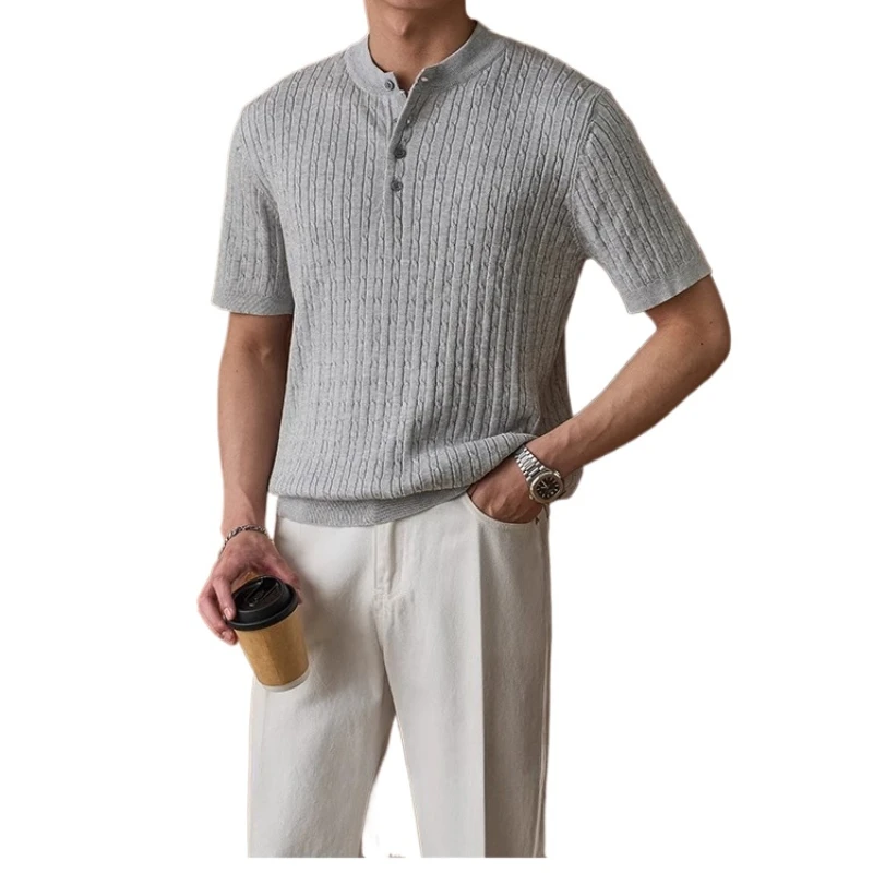 Summer T-Shirt Breathable And Fashionable Round Neck Button Knit Short Sleeved Men's Polo Shirt Business Sports Casual Top