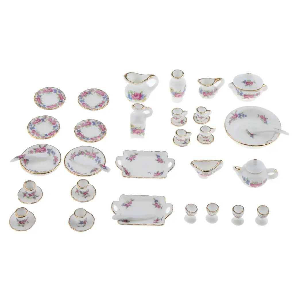 40pcs Dining Room Porcelain Tea Set Dish Cup 1/12 Dollhouse Miniature