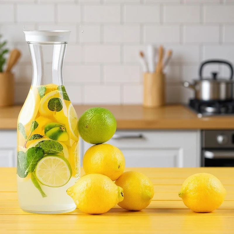 Jarra de plástico de 1L/1.5L con tapas, jarra de plástico para zumos, para barra de mimosas, jarra de agua, recipiente para leche, botella de agua circular