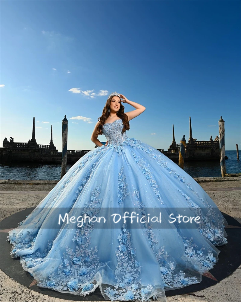 Mexico Blue Strapless 3D Flowers Quinceanera Dress Ball Gown Bead Appliques Birthday Luxury Dress Bow Formal Gown Customized