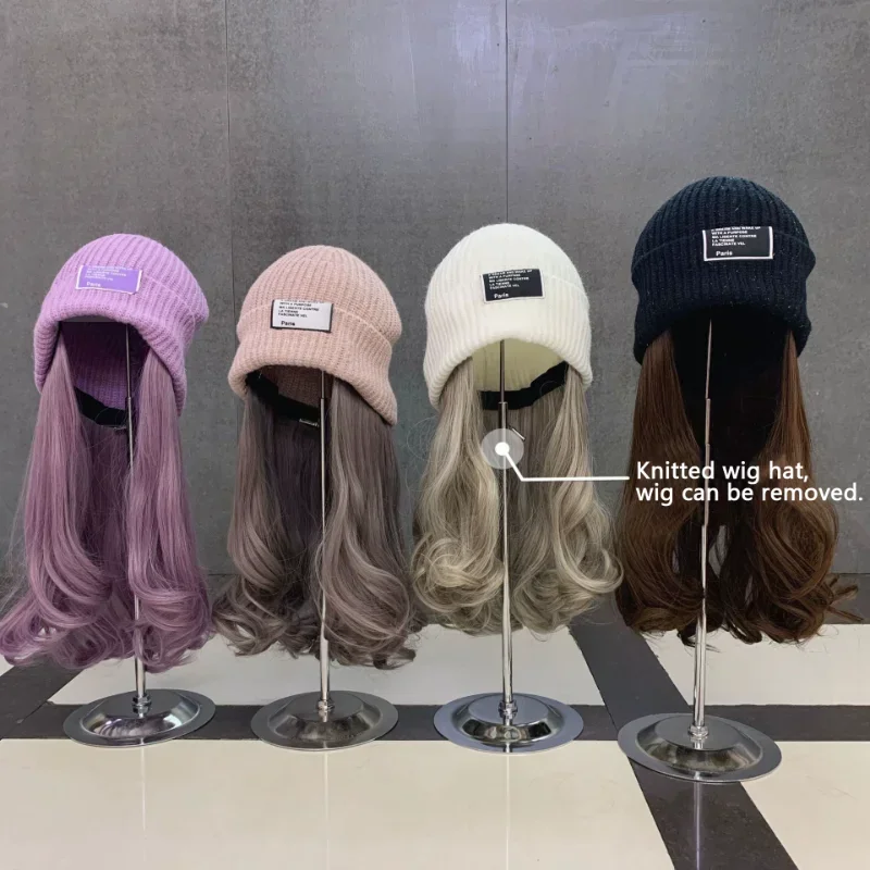 

Knitted Wig Hats Women Casual Knitted Hat Invisible Detachable Wig Cold Beanies Winter Warm Bonnets Trend Long Curly Wig Hats
