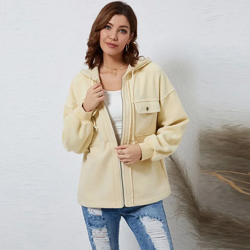 

Women Coats Hooded Long Sleeve Solid Color Zipper Cardigan Jackets Pockets High Street Outerwear Loose Fit Drawstring 2023