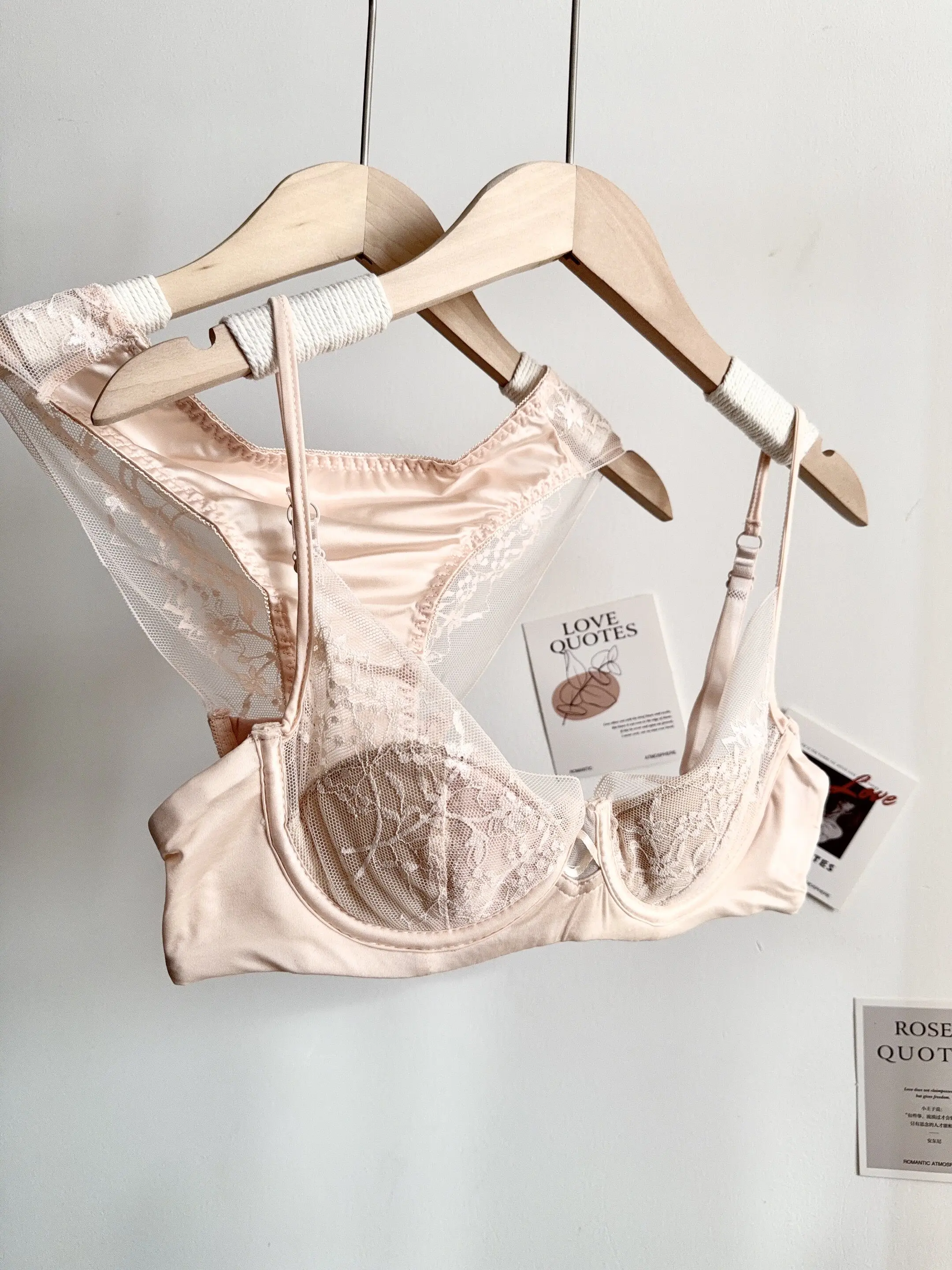 Conjunto de Lencería de Encaje Cómodo para Mujer, Sujetador con Aros Suaves, Copa Delgada, Push-Up, Transpirable, Ropa Interior para Mujeres con Busto Pequeño