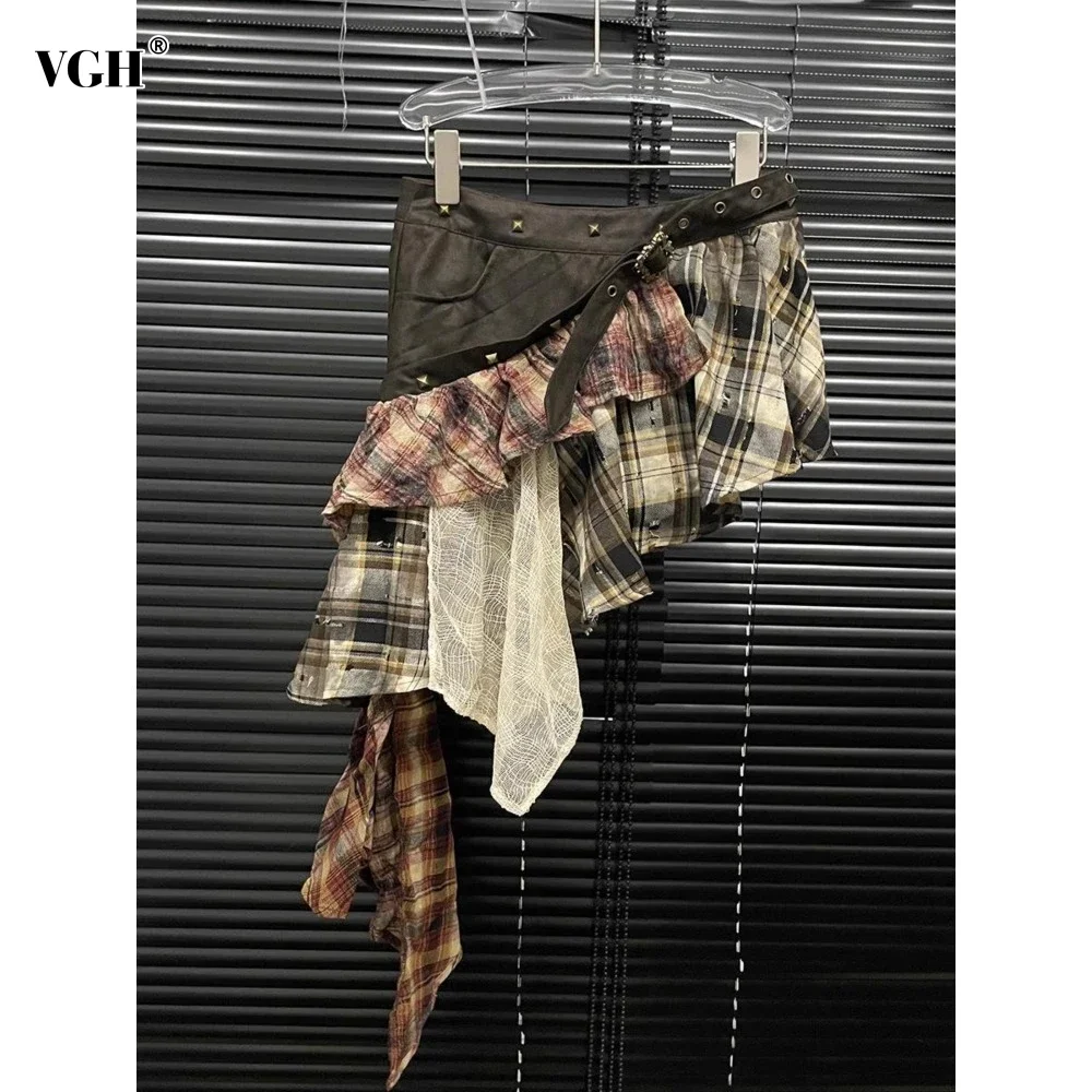 VGH American Street Patchwork Plaid Irregular Skirt for Women High Waist Spliced Rivet Sashes Retro Punk Style Skirts Female New