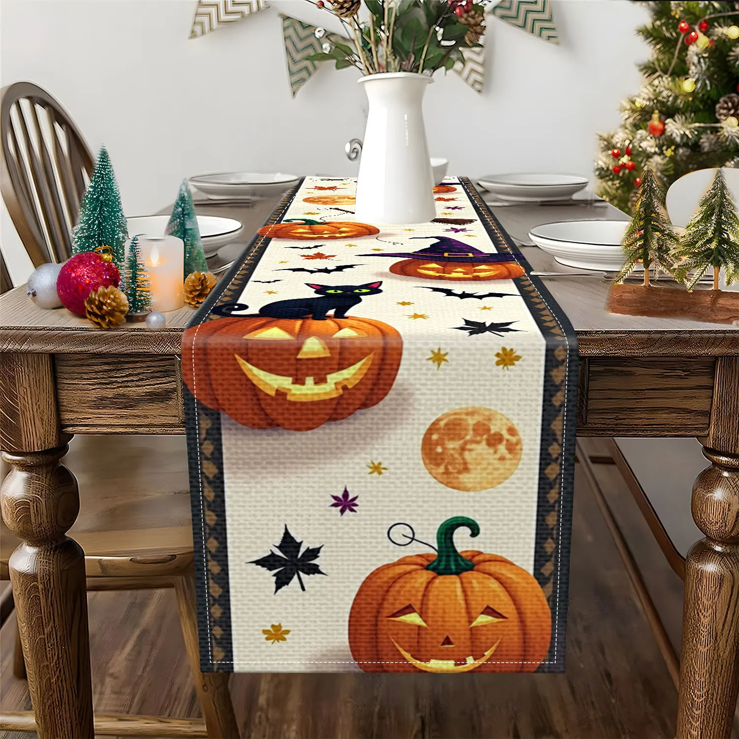 1 Piece Halloween-Themed Table Runner, Featuring Maple Leaves, Pumpkins, Black Cats, and Bat Patterns, Suitable for Halloween Party Decorations