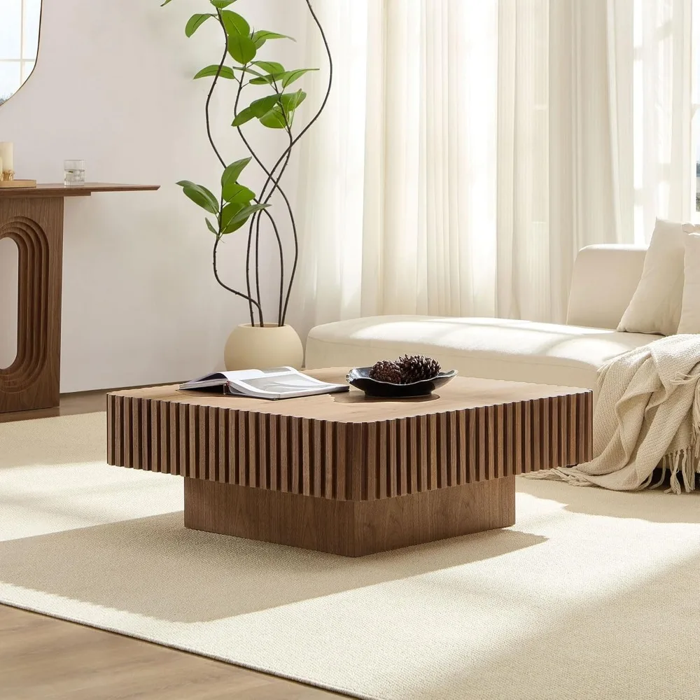 35-inch Mid-Century Modern Drum Coffee Table, Handcrafted Round Walnut Wood Center Table for Living Room and Home Office