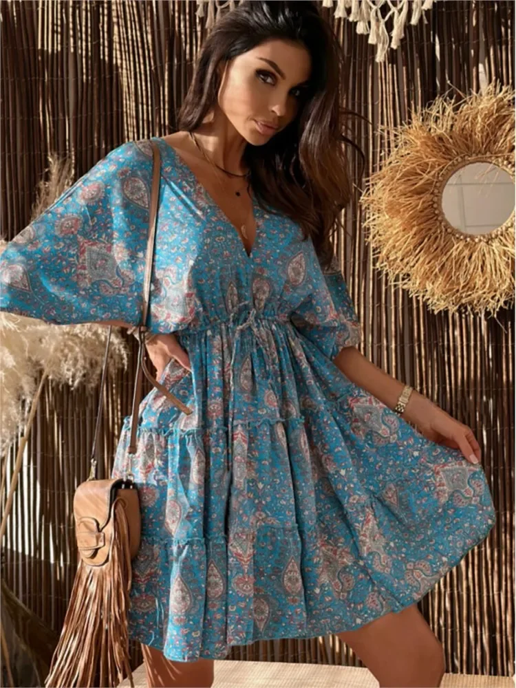 Dames Print Jurk Nieuwe Lente Zomer Mode V-Hals Halve Mouw Losse Jurken Casual Elegante Strand Feestjurk Voor Vrouwen Gewaad