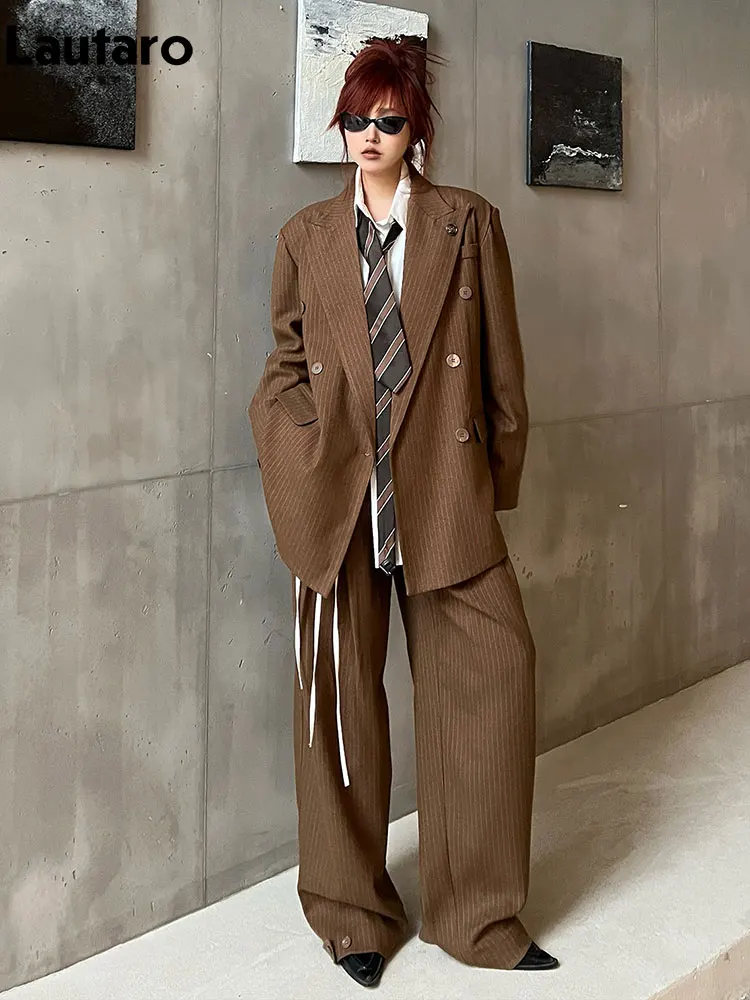 

Lautaro Spring Autumn Cool Striped Blazers for Woman Double Breasted Elegant Luxury Loose Casual Korean Fashion Clothes 2026