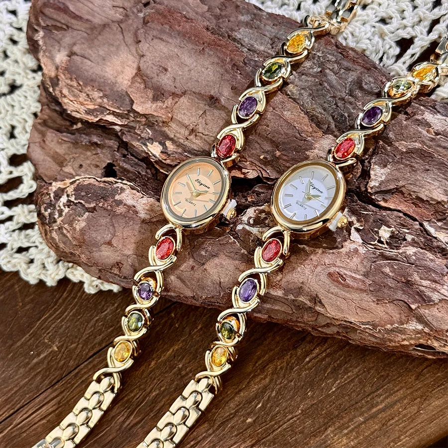 Exquisite ladies' watch with oval gemstone and diamond inlay, compact vintage rainbow women's watch