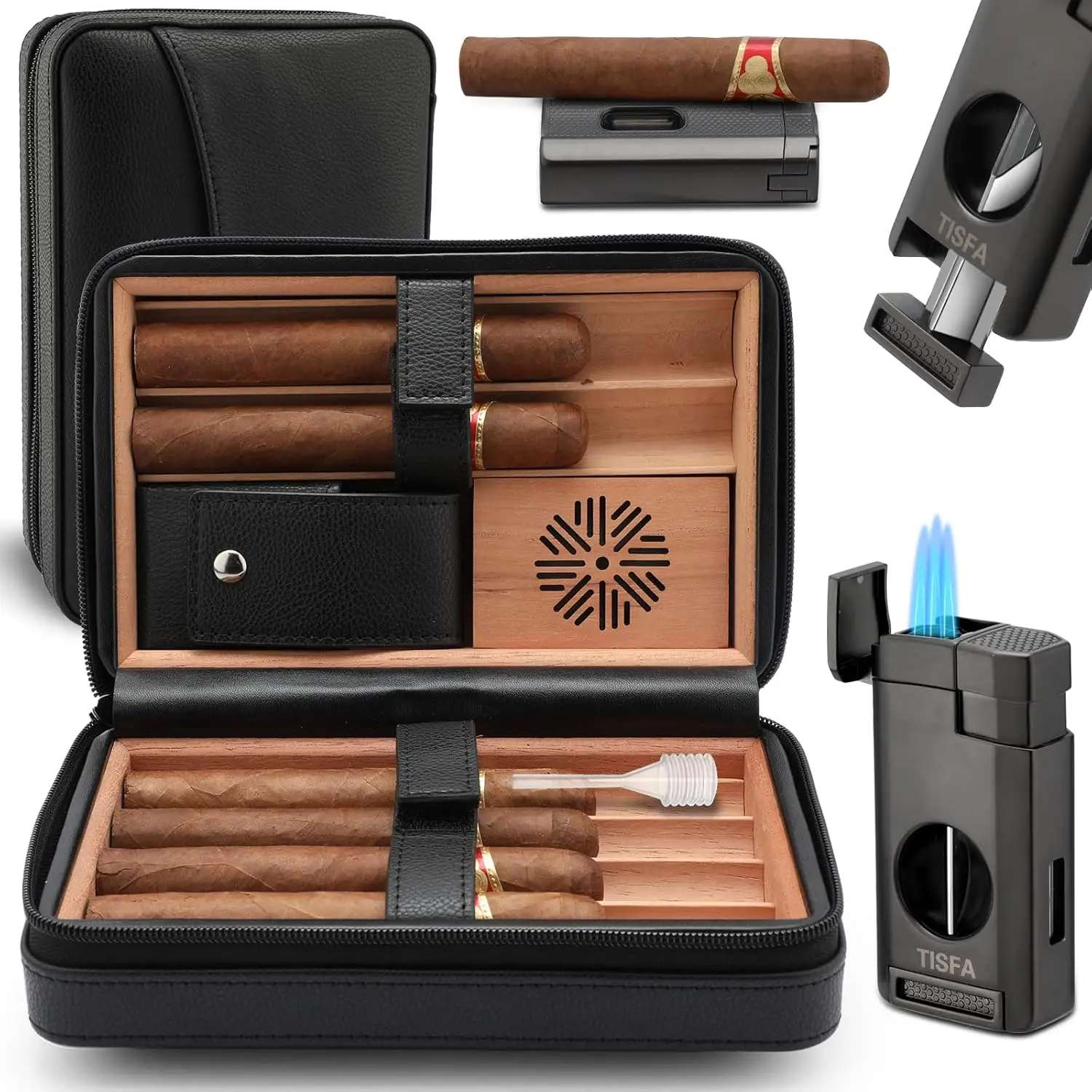 

Leather Cedar Wood Travel Cigar Humidor with Lighter, Cutter, Holder 3-in-1 Portable Box and Humidifier in Black