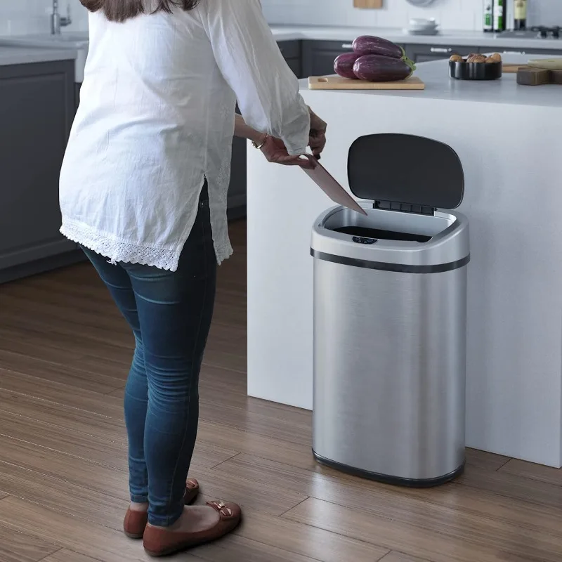 SensorCan 13 Gallon Kitchen Trash Can With Odor Filter, Stainless Steel Oval Automatic Trashcan For Home Office Bedro