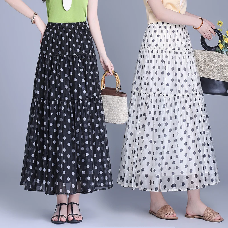 

Легкая белая юбка в горошек, женская юбка А-силуэта миди, летняя новинка, юбка-парасолька из шифона с высокой талией, юбка макси
