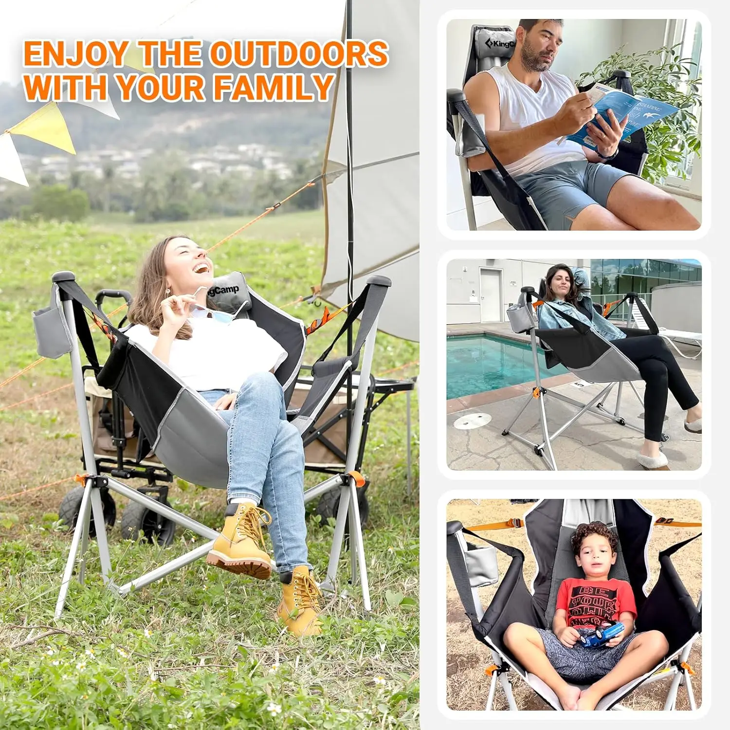 Hammock Camping Chair Swinging Rocking Chair for Adults Lawn Beach Portable Folding Chair with Adjustable Back Support Carrying