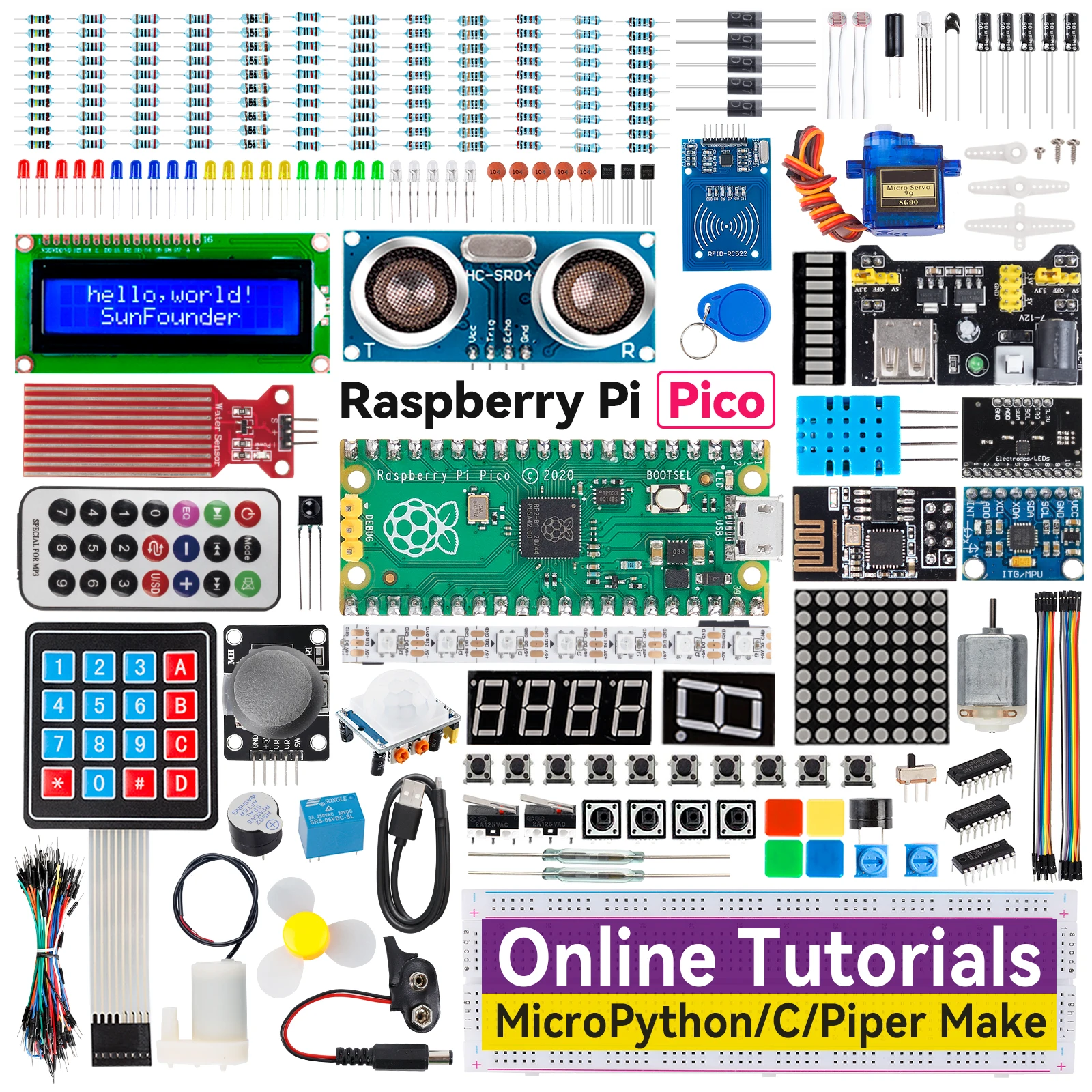 SunFounder Ultimate Starter Kit for Raspberry Pi Pico, Online Tutorial, 320+ Items, 113 Projects, MicroPython, Piper Make, C/C++