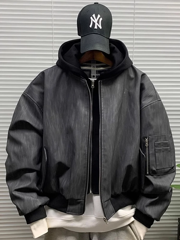 

Ma Pilot Jaet Cotton Sweatirt Men Spring Autumn Fake Two-Piece Hooded Leather Jaet American High Street Trendy Basebal...