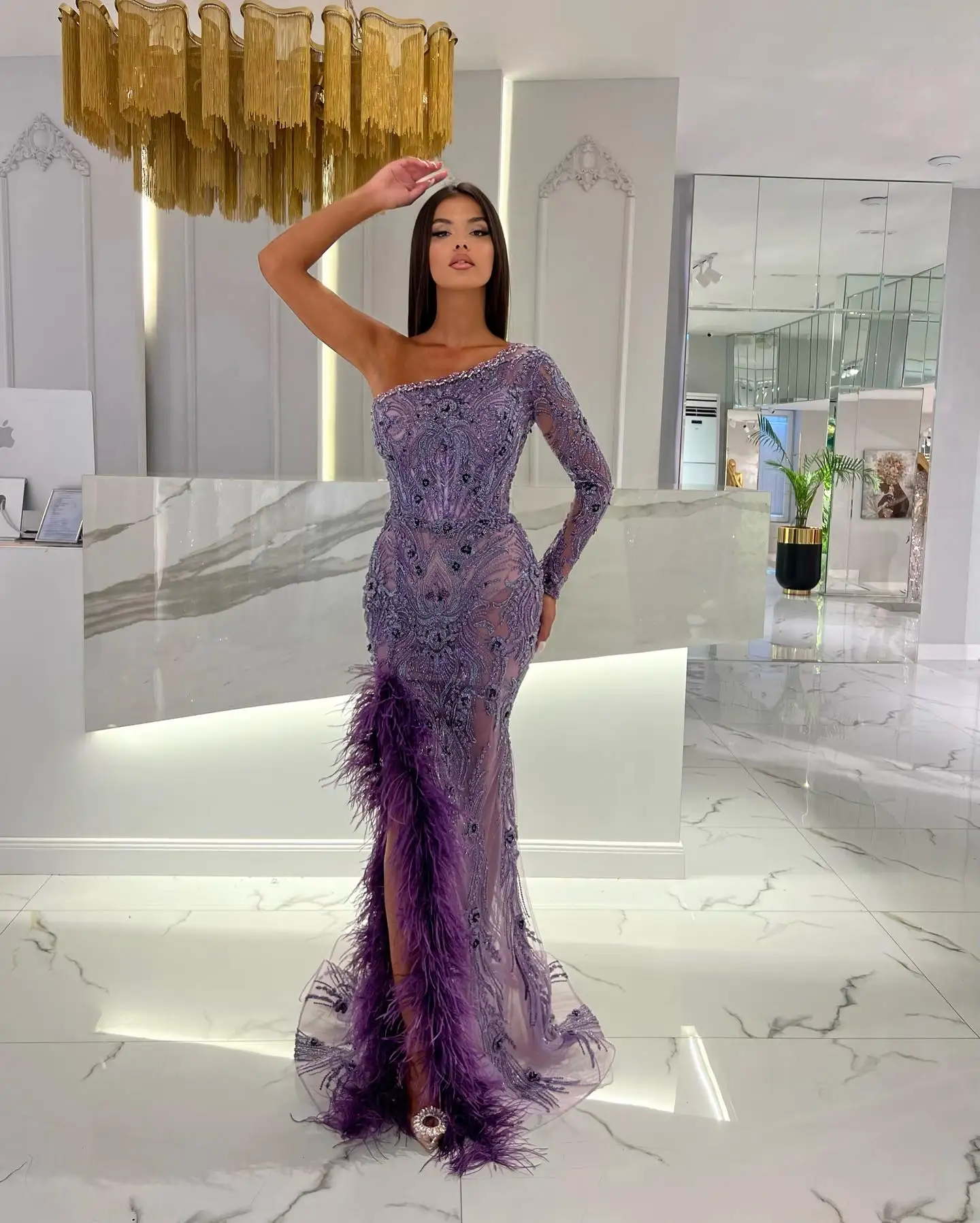 

Linyang Purple One Shoulder Neckline Prom Dress Long Sleeves With Floor Length Evening Summer Elegant Party Dress For Women2023