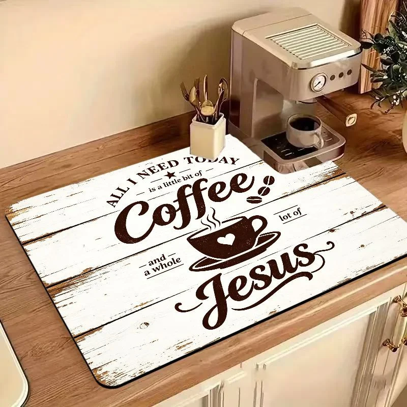 VIKAMA White Distressed Wood Coffee Quick Dry Absorbing Pad Non Slip Heatproof Coffee Station Dish Drying Mat