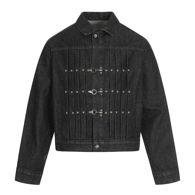 

Mens Jacket Punk Vintage Streetwear Black Denim Short Coat Metal Buckle Studded Design Pleated Detail Retro Cool Hip Hop Fashion