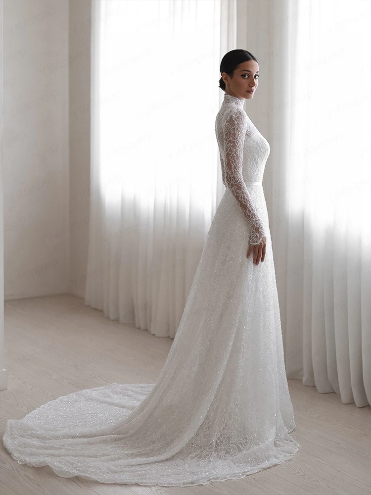 Abiti da sposa di lusso Collo alto Manica lunga Abito da sposa in pizzo Sweep Train A-Line Abito da sposa bianco Abito da sposa personalizzato