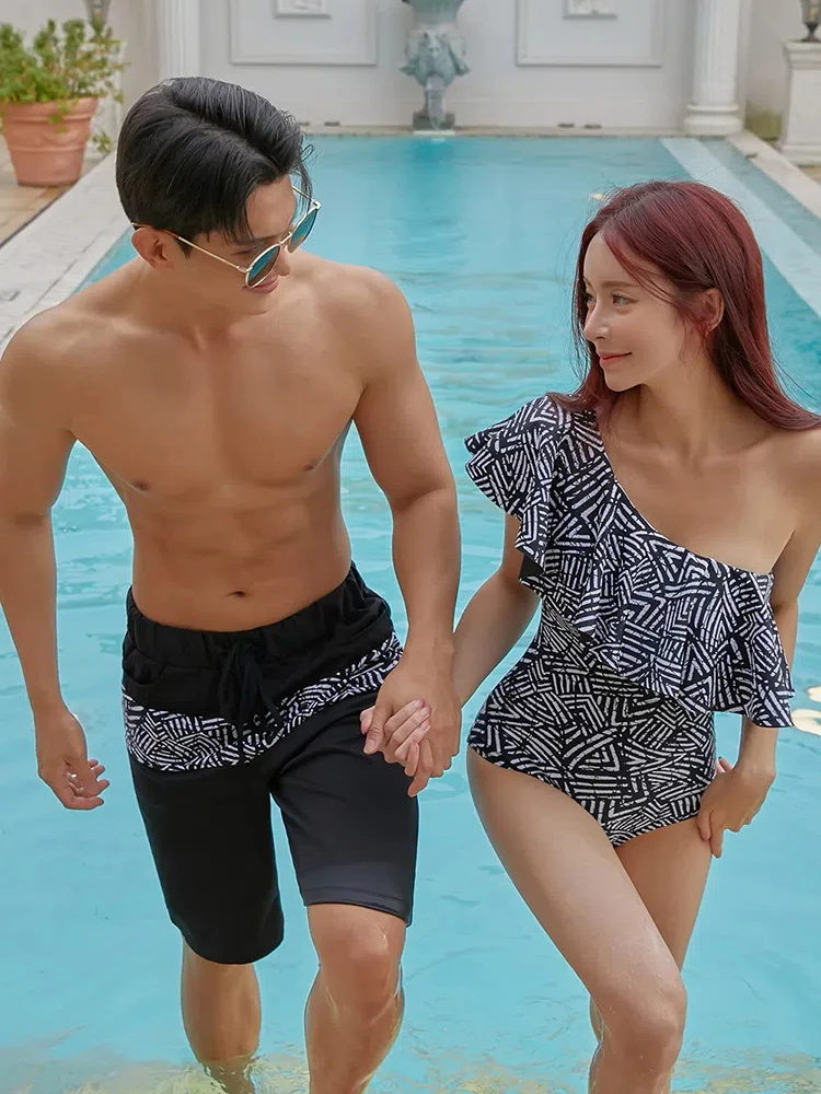 Korean Couple Off Shoulder Swimwear Women Sexy Monokini Swimwear Ruffle One Piece Swimsuit Bathing Suit Sports Men Pants Shorts