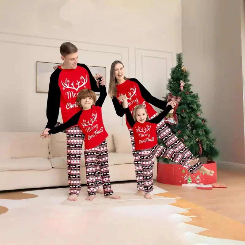 Merry Christmas Antler Letter Print Parent-child Matching Pajamas Baby Casual Loose 2 Pieces Suit Sleepwear Xmas Family Look