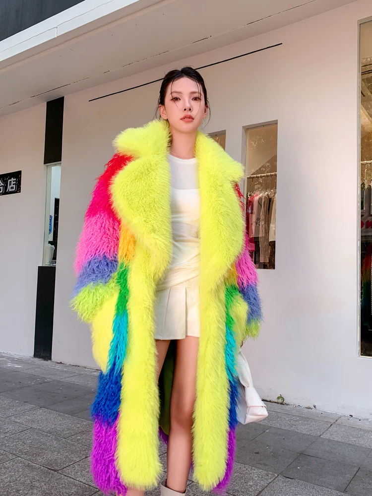 Original Design Female Colourful Faux Fur Coat Contrast Color Lapel Long Jacket Lady Shaggy Outerwear Women\'s Winter Coats