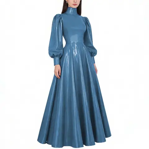 Womens Glossy Evening Gown Long Lantern Sleeves Stretchy PVC Leather High Neck A-line Dress High Waist Draped Dresses Clubwear