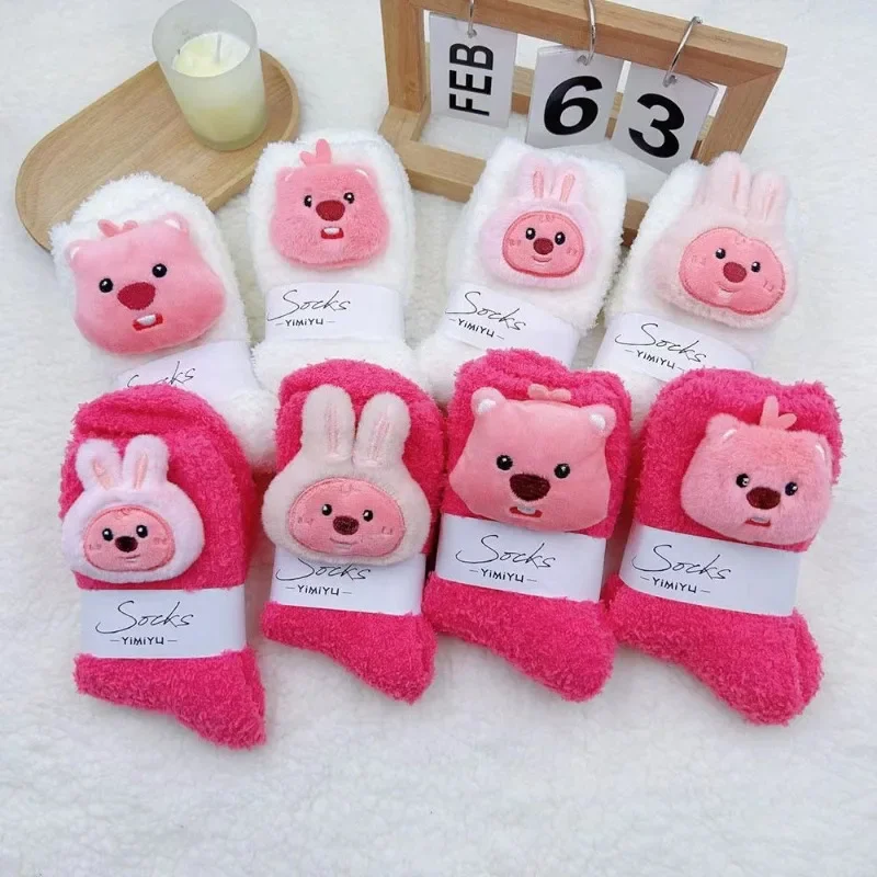 Kawaii Loopy Sock Anime Cute Girl Coral Fleece Cartoon Sleep Socks Student Home Keep Warm Thicken Plush Floor Socks 2023 New