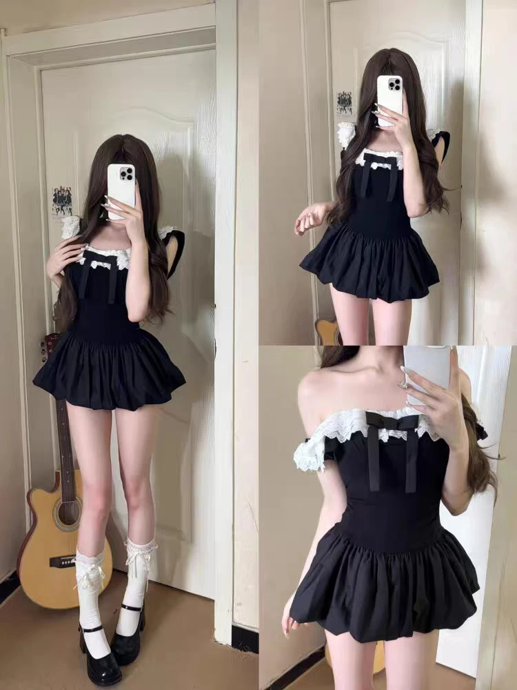 Coquette Korean Sexy Off Shoulder Lace Trim Bow Slim Fit 2 Piece Set Women Black Mini Bubble Dress Shorts Daily Wear Clubwear