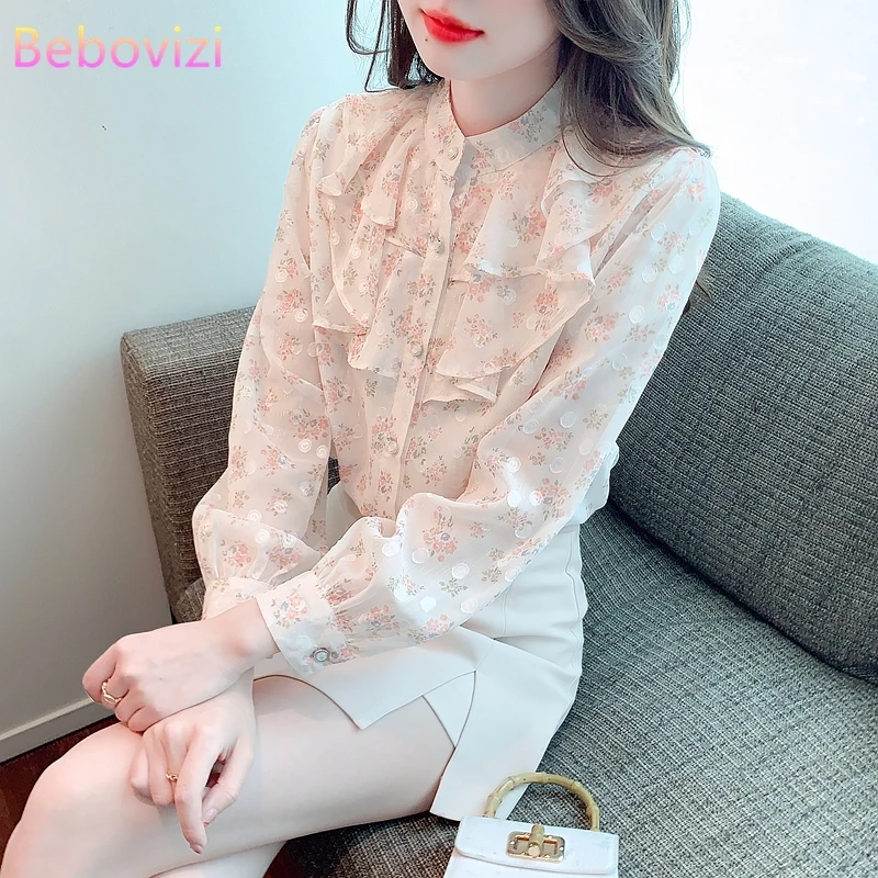 Frauen gekräuselte Blumen Chiffon Shirt Herbst lässig lose Langarm Büro Dame Bluse neues Top