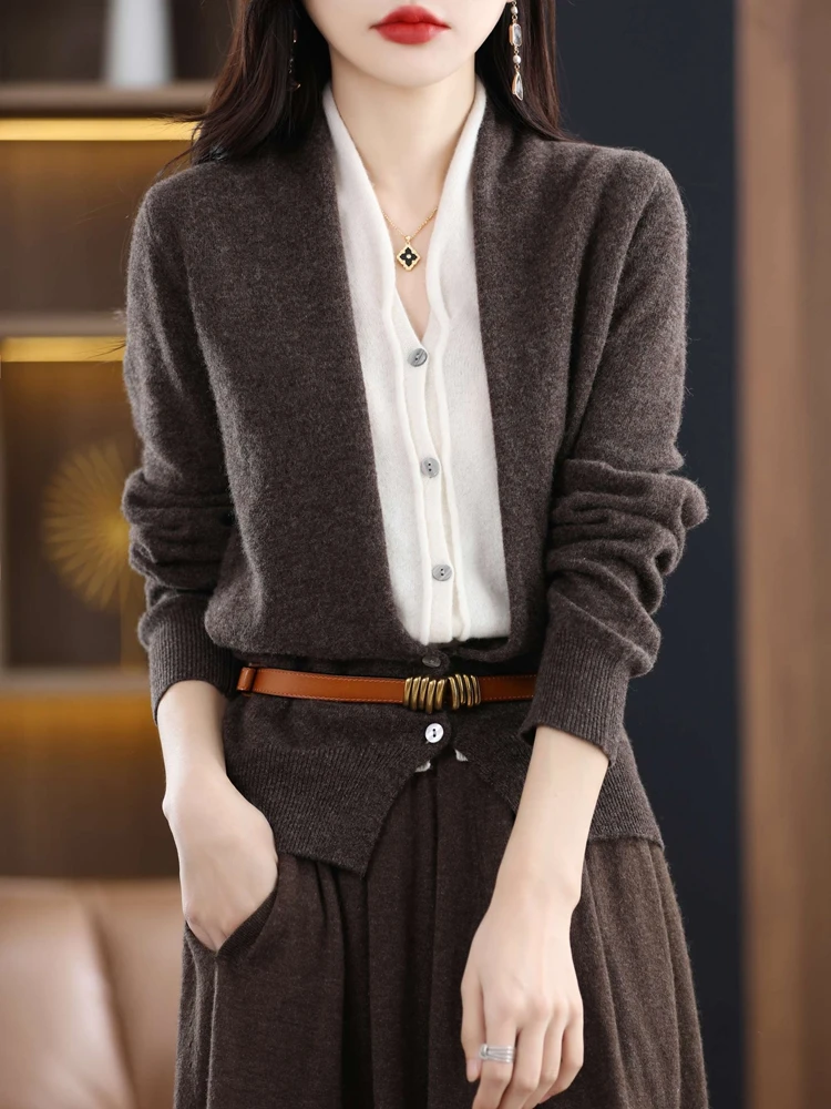 Autumn Winter New Chic V-neck Cardigan Sweater For Women 100% Merino Wool Grace Office Lady Basic Cashmere Knitwear Topss