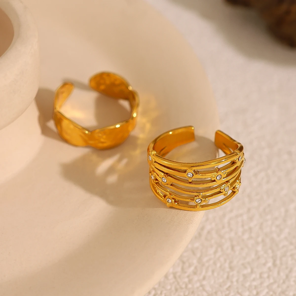 WILD & FREE Vintage 18K Gold Plated Stainless Steel Rings for Women Exquisite Chic Crystal Index Finger Ring Waterproof Jewelry