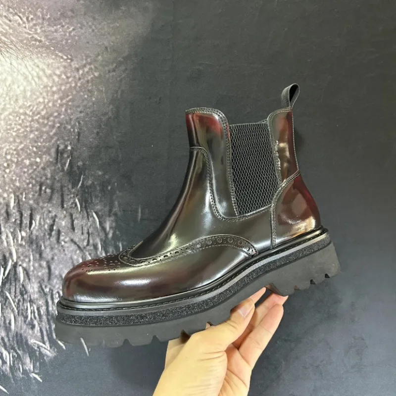 

British Style Chelsea High Top Men's Shoes Trendy Ankle Boots Genuine Leather Thick Sole Casual Outdoor Non-slip Work Boots