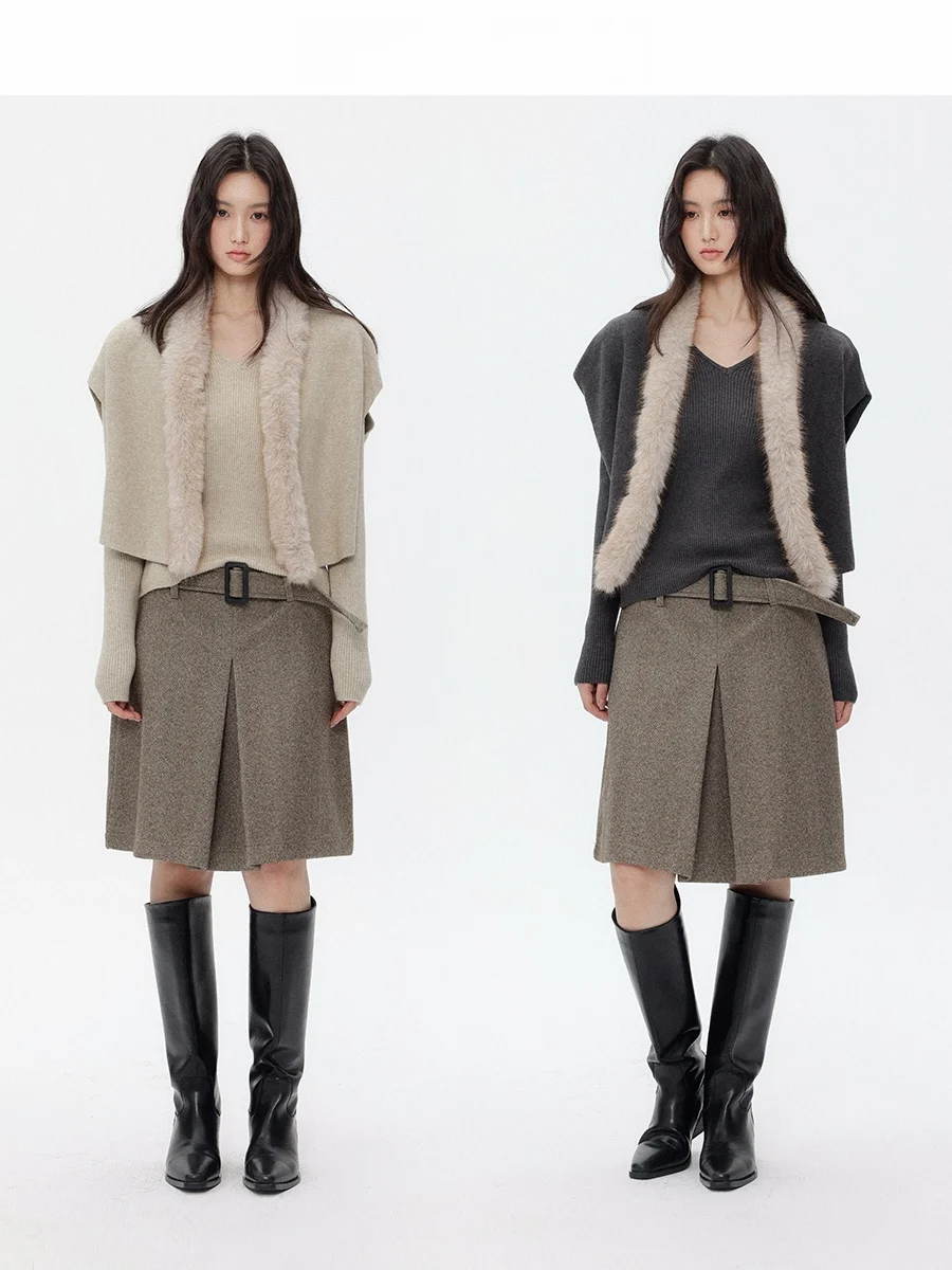 

Комплект CHACHASTU: вязаный жилет с меховым воротником и открытым передом, имитация двухслойного кроя, повседневный стиль, удлиненный рукав, стандартный крой, эксклюзив онлайн-продаж