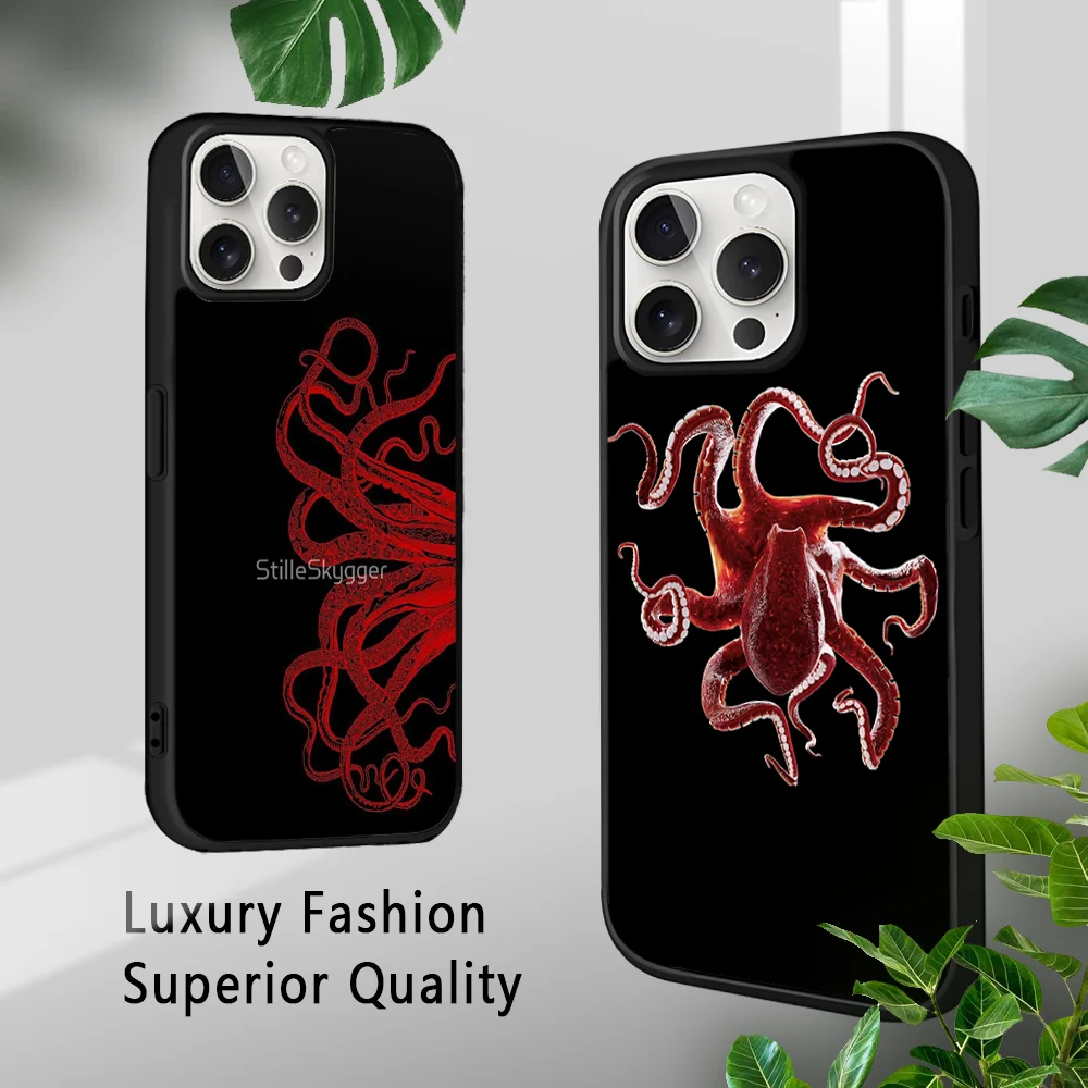 Marine Creature Red Octopus Phone Case For iPhone 15 14 13 12 11 Pro Xs Max Mini XR X 7 8 Plus luxury Mirror Hard Funda