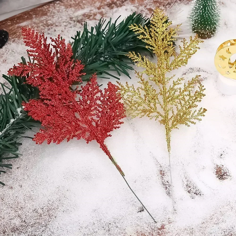 Branches de feuilles artificielles enrichies pour Noël, plantes simulées dorées, guirxiété de paillettes, ornement d'arbre de Noël, décoration de la maison, nouvel an, 5 pièces