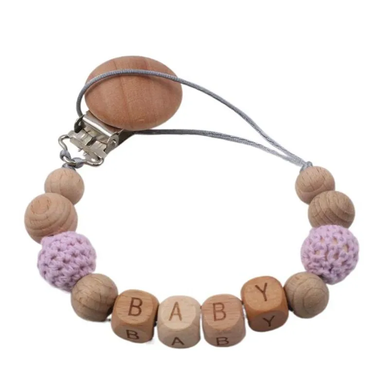 Handgemachte personalisierte Name Holz Baby Schnuller Clip Häkelperlen Schnullerkette Halter Baby Safe Beißring