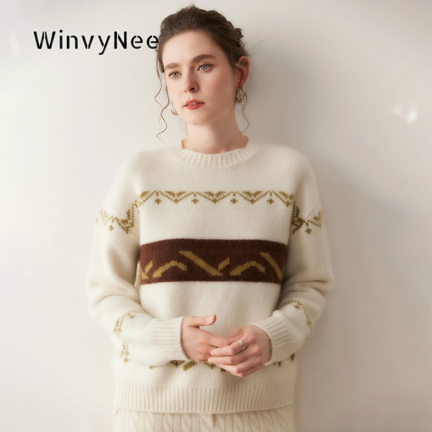 WinvyNee Womens Round Neck Ethnic Jacquard Sweaters Thermal  Wool Oversized Contrast Band Cozy Cold Season Daily Top A1654029