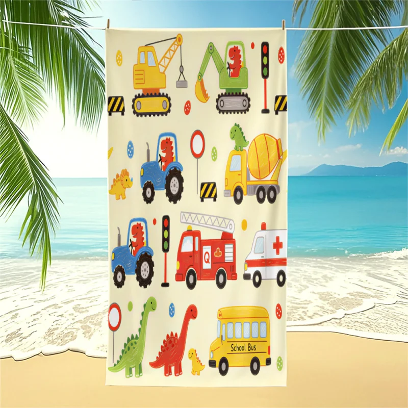 Cartoon Digital Print Beach Towel Cute Dino Excavator Pool Towel Camping Towel Bath Towel Blanket Quick Dry Summer Outdoor Trip