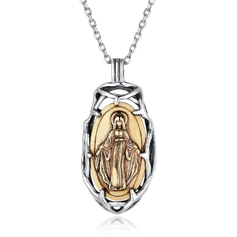 

U7 925 Sterling Silver Branch Oval Coin Embossed Virgin Mary Brass Necklaces for Women Thistles and Thorns Jewelry Gift for Her