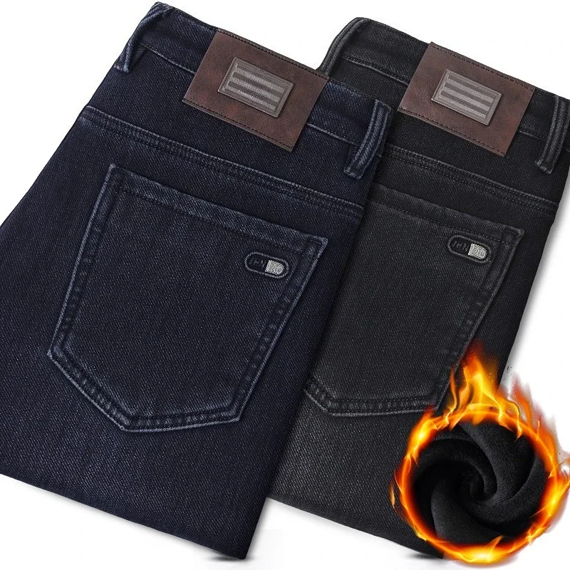 

Зимние деловые флисовые джинсы, мужские бархатные теплые эластичные винтажные плюшевые джинсовые брюки, модные универсальные повседневные повседневные брюки
