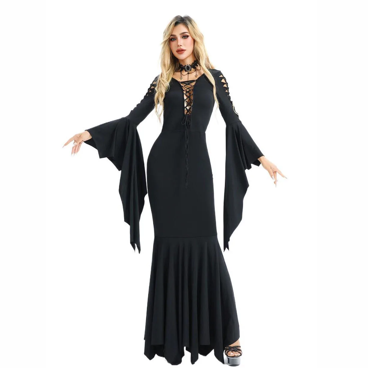 Medieval Vampire Black Lace Up Gown Robe For Women S-5XL Sexy Witch Ghost Halloween Costume Morticia Addam Gothic Maxi Dress