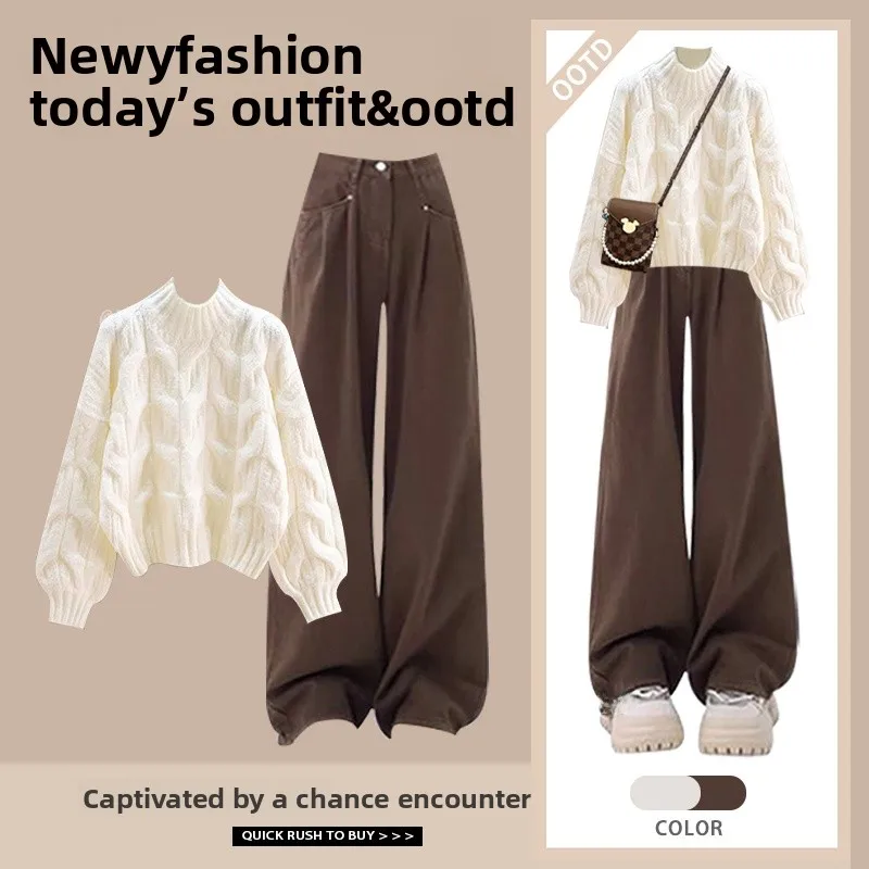 Laid-ba Sle tricoté pull et jean ensemble Thiened ample décontracté femmes Faion deux pièces costume hiver Collection