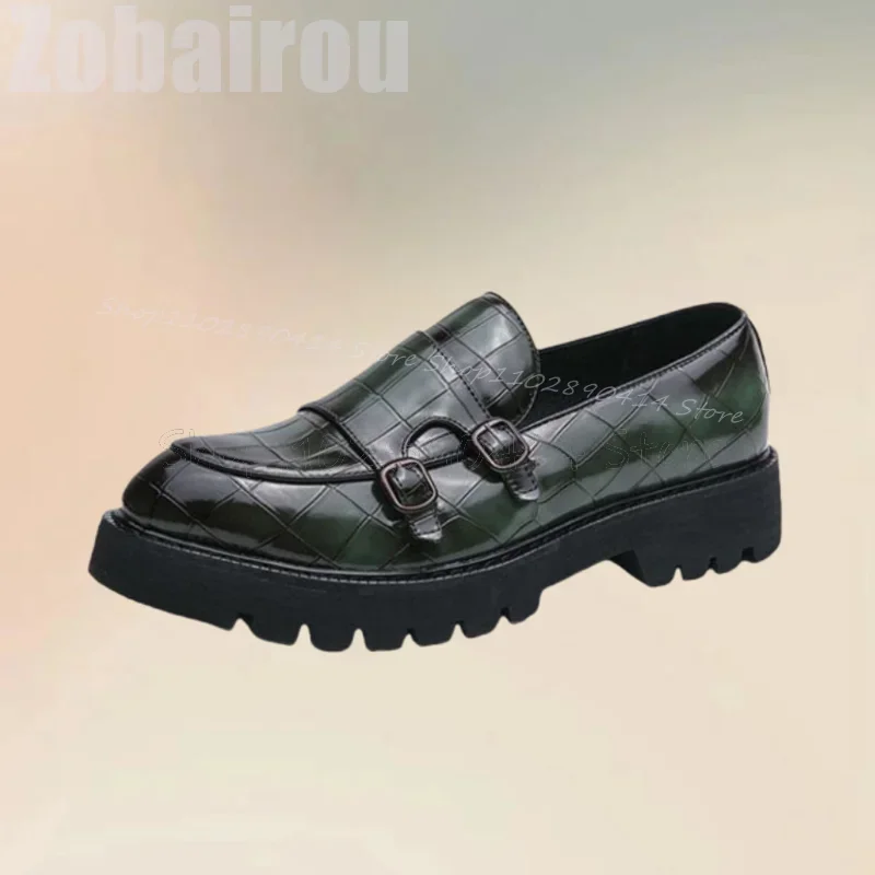 

Green Crocodile Print Buckle Decor Double Monk Loafers Fashion Slip On Men Shoes Luxury Handmade Party Banquet Men Casual Shoes