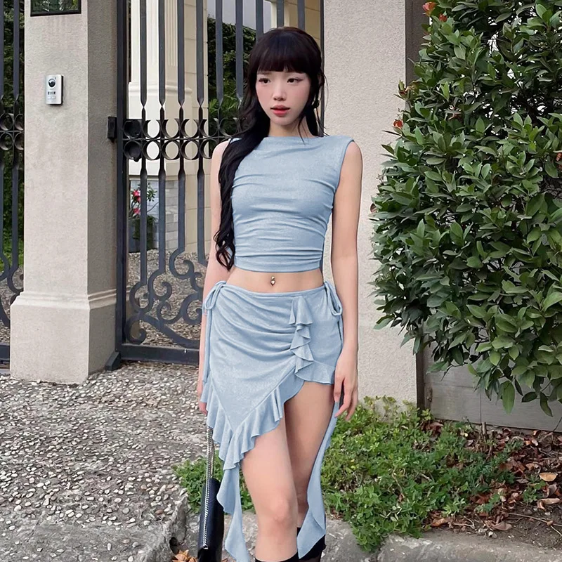 Mingyuan Style Sparkling Material Sleeveless Ruffled Half Skirt Summer New Crop Top with Exposed Navel